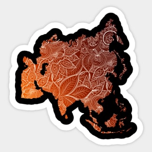 Colorful mandala art map of Asia with text in brown and orange Sticker